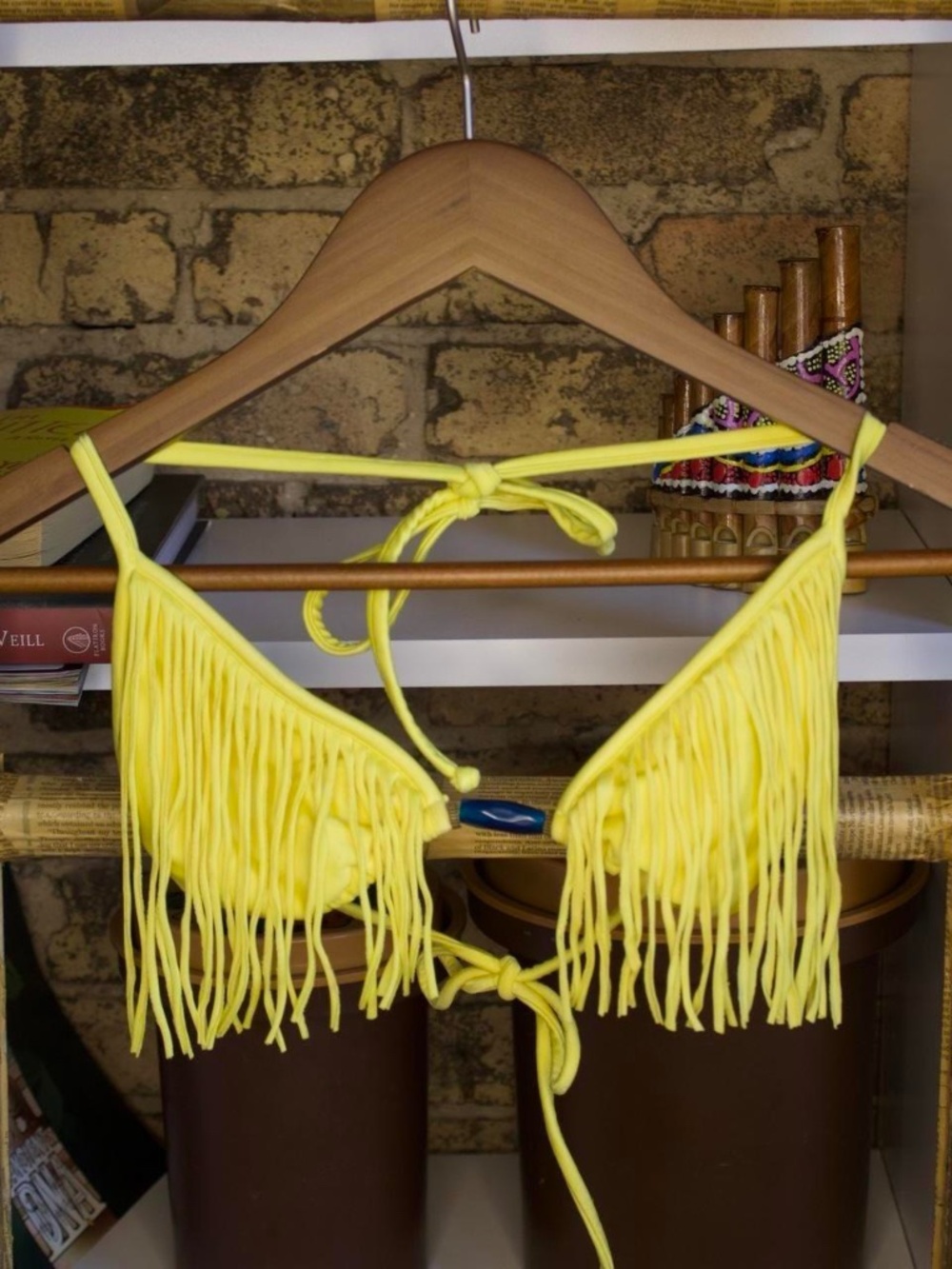 Neon Yellow Fringe Triangle Bikini Top — Size Small